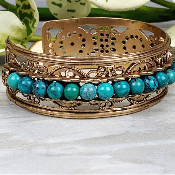 Boho Festival Bronze Round Turquoise Beaded Cuff - Picture 4 of 9